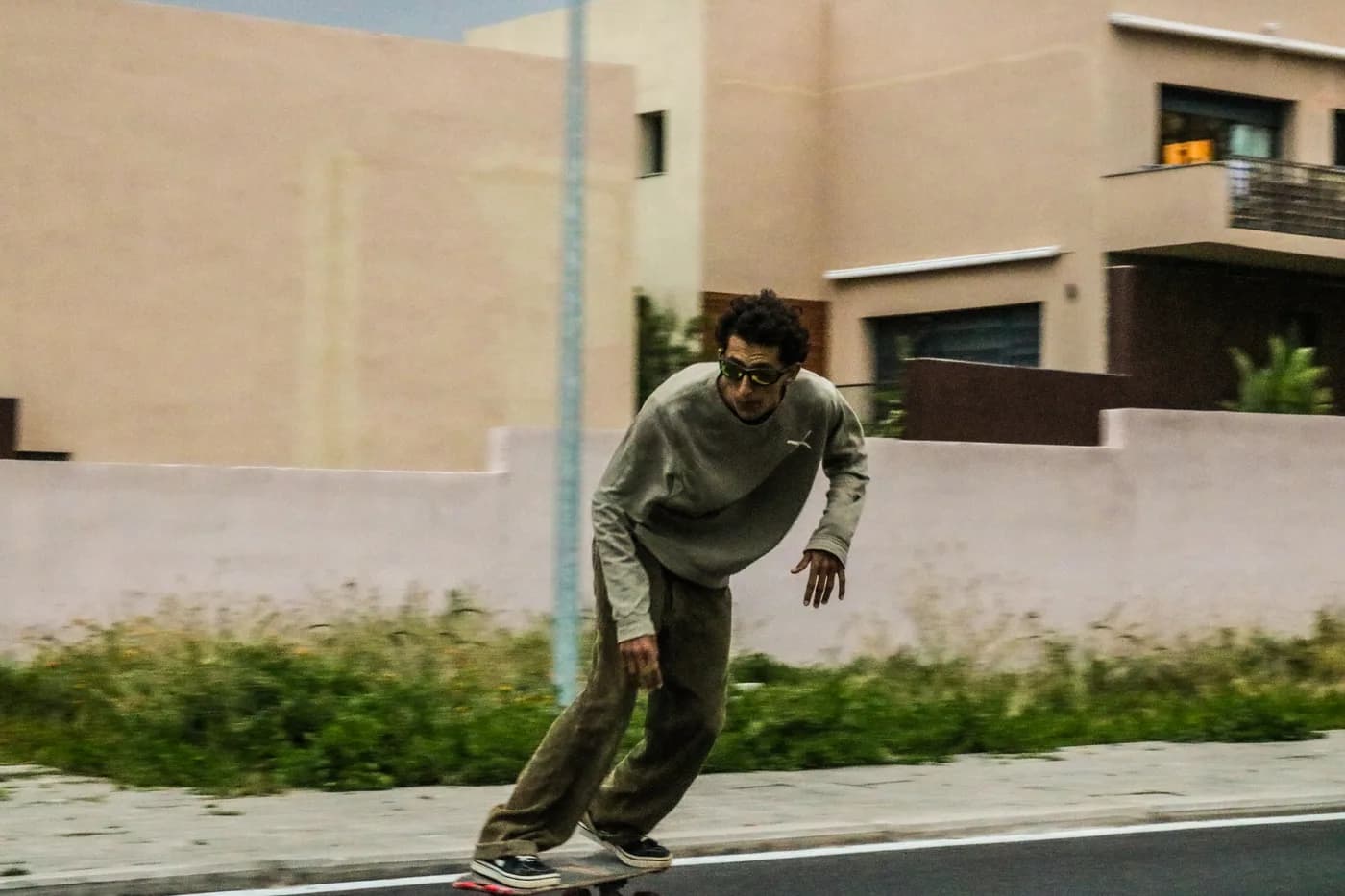 A skateboarder captured in motion